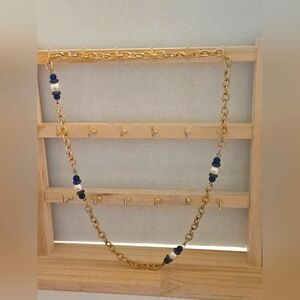 Gold, Blue And Faux Pearl Beaded Necklace